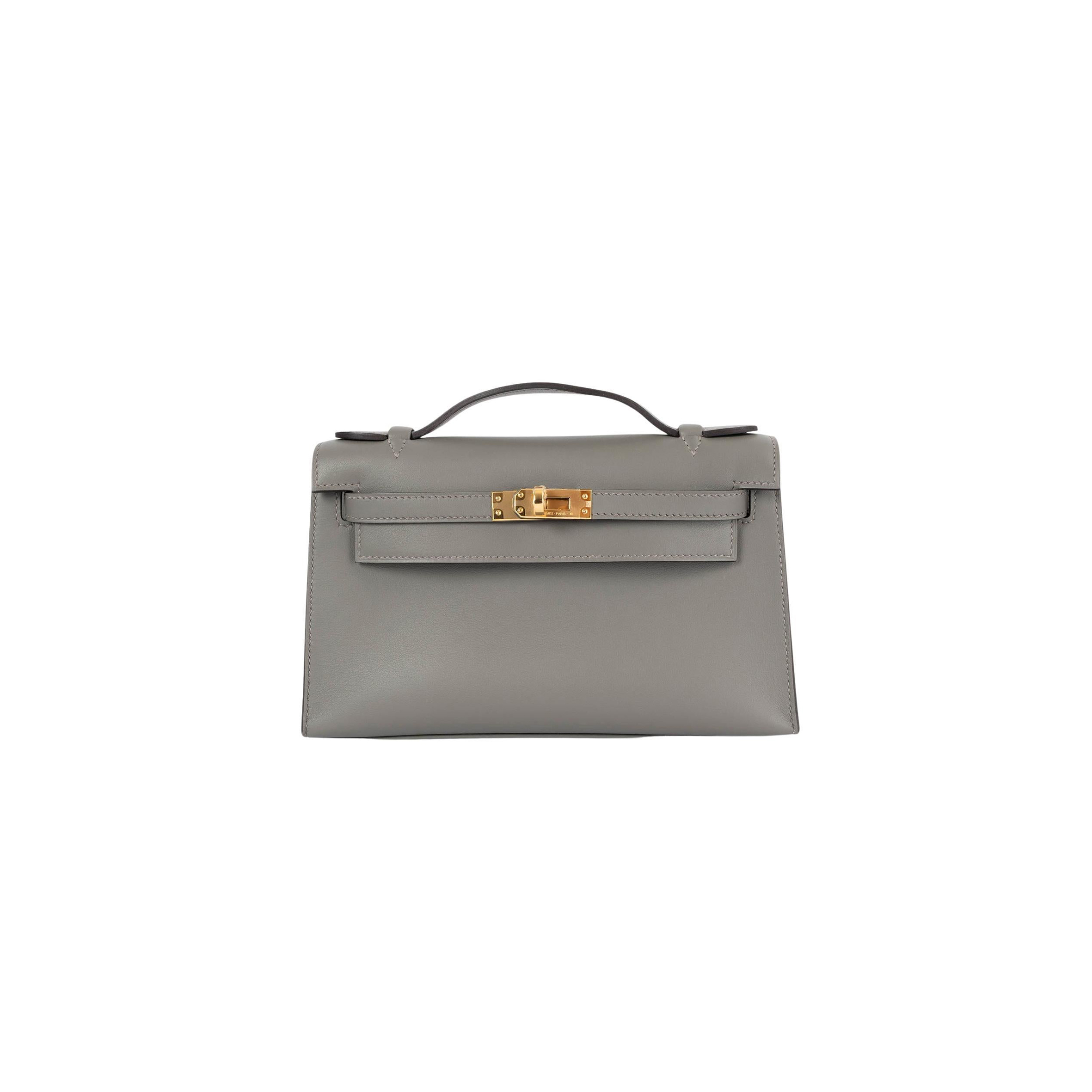H**mes gris meyer gray swift leather kelly pochette clutch bag w gold (22*14*7cm)